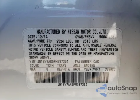 2015 Infiniti Q50 Premium z USA, uszkodzony, nr VIN JN1BV7AR5FM397354